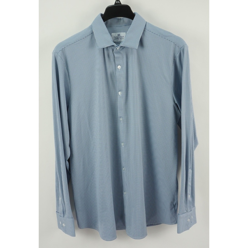 Mizzen + Main Men's 2XL Trim Blue White Textured Check Performance Dress Shirt